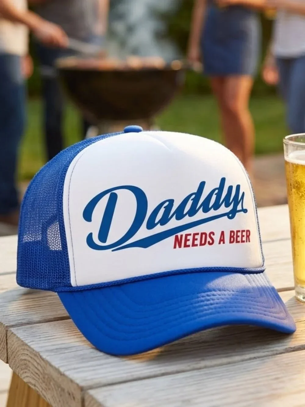 Retro Daddy Needs A Beer Foam Trucker Hat Blue White Rope Snapback Cap New Funny